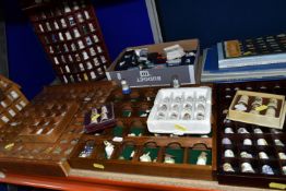 A LARGE COLLECTION OF THIMBLES, comprising six display shelves, over two hundred ceramic thimbles,