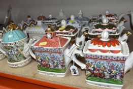 A COLLECTION OF NOVELTY SADLER TEAPOTS, comprising 'Romeo & Juliet', 'The Tennis Match' (damage to