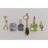 THREE GEM SET PENDANTS, TWO EARRINGS AND A LINK, to include a rectangular topaz pendant, four claw