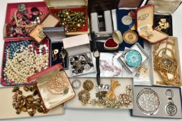 A BOX OF ASSORTED ITEMS, to include various pieces of costume jewellery to include imitation pearls,