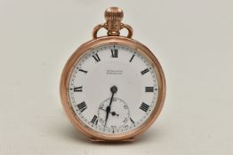 A 9CT GOLD, OPEN FACE POCKET WATCH, manual wind, round white dial signed 'Nathan & Co Birmingham',