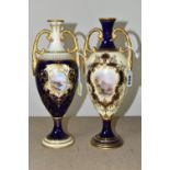 TWO EARLY 20TH CENTURY COALPORT TWIN HANDLED PEDESTAL VASES IN BLUE, PALE YELLOW AND GILT, both