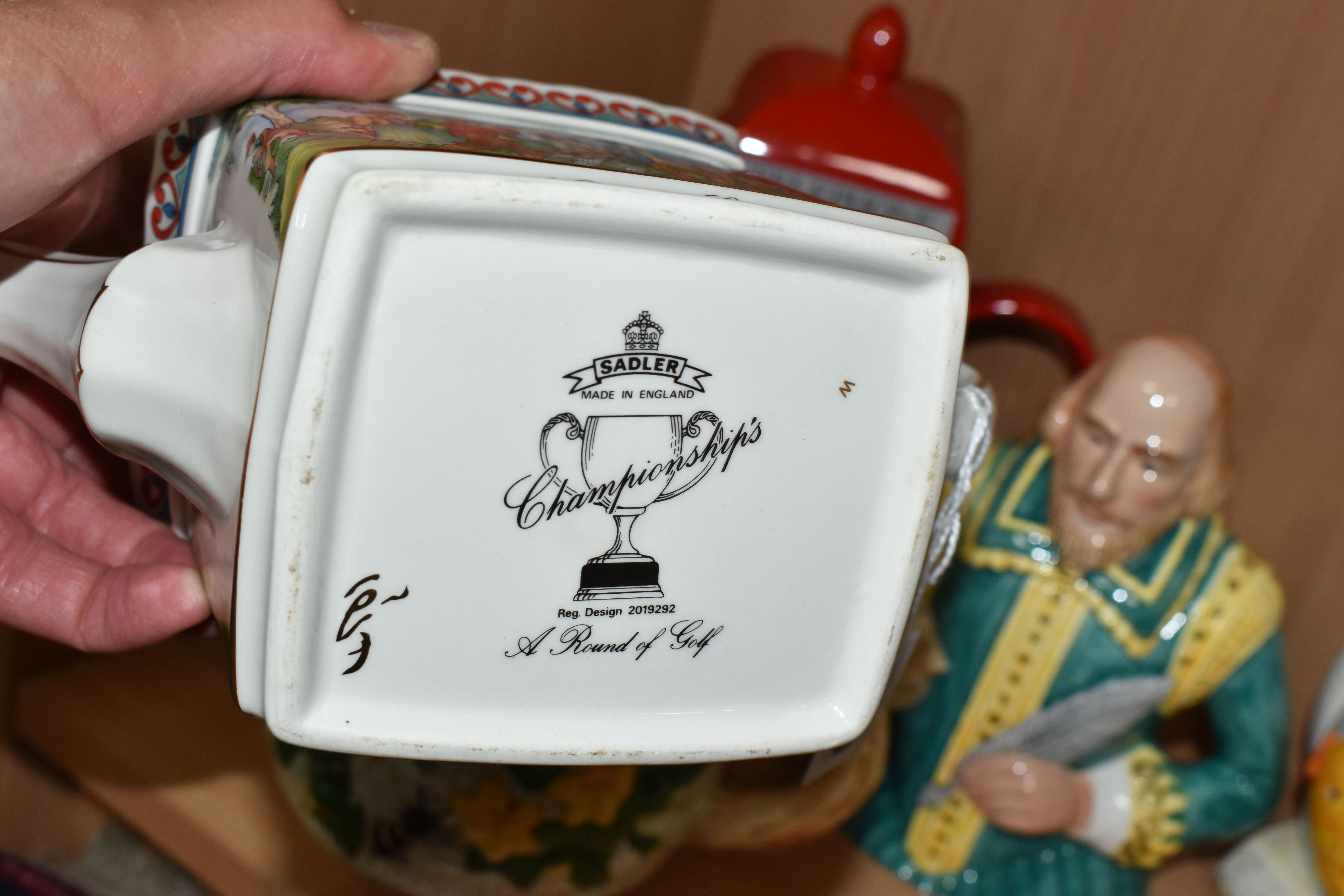 FIVE NOVELTY TEAPOTS, comprising a Sadler Championships 'A Round of Golf' teapot (some chipping - Image 3 of 4