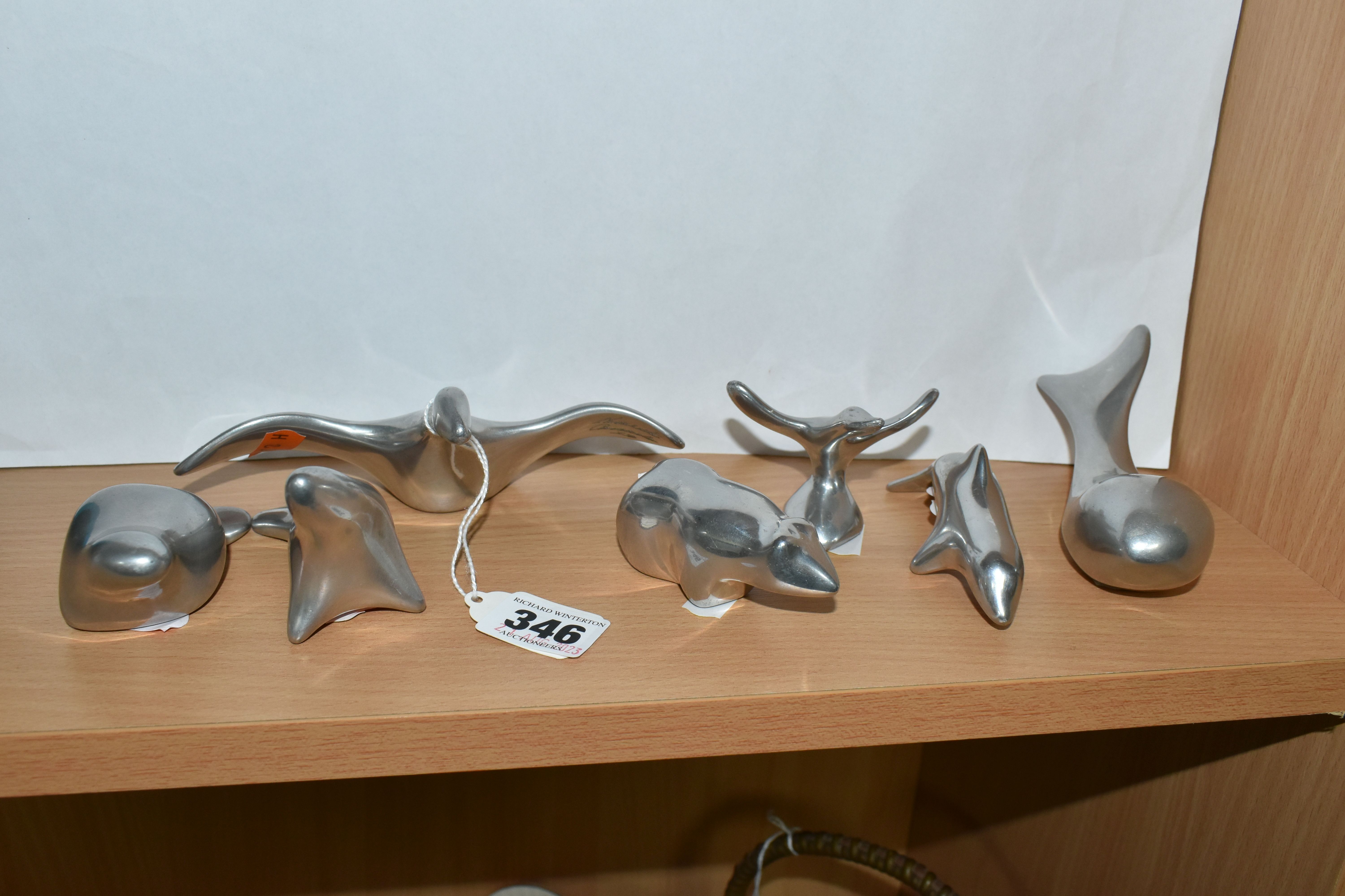 SEVEN STYLISED ANIMAL AND BIRD FIGURES BY HOSELTON, CANADA, each aluminium figure is signed and