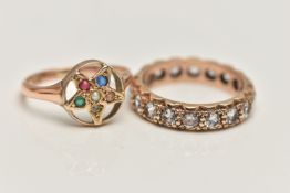 TWO GEM SET RINGS, the first designed as an open work star, set with various small gemstones such as
