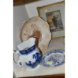 A GROUP OF CERAMICS AND FRAMED PRINT, comprising a late 19th century blue and white Watteau jug,