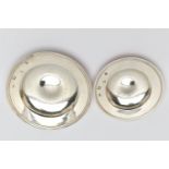 TWO ELIZABETH II CIRCULAR SILVER DISHES, with banded borders and convex centres, makers Mappin &