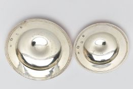 TWO ELIZABETH II CIRCULAR SILVER DISHES, with banded borders and convex centres, makers Mappin &