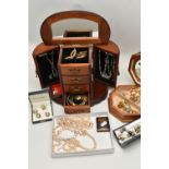 TWO WOODEN JEWELLERY BOXES WITH JEWELLERY, to include a four draw two cupboard jewellery box with