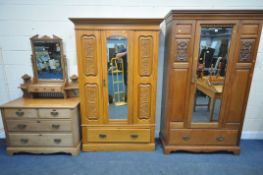 A MATCHED EDWARDIAN BEDROOM SUITE, comprising a walnut mirrored single door wardrobe, with a