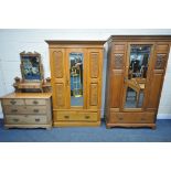 A MATCHED EDWARDIAN BEDROOM SUITE, comprising a walnut mirrored single door wardrobe, with a