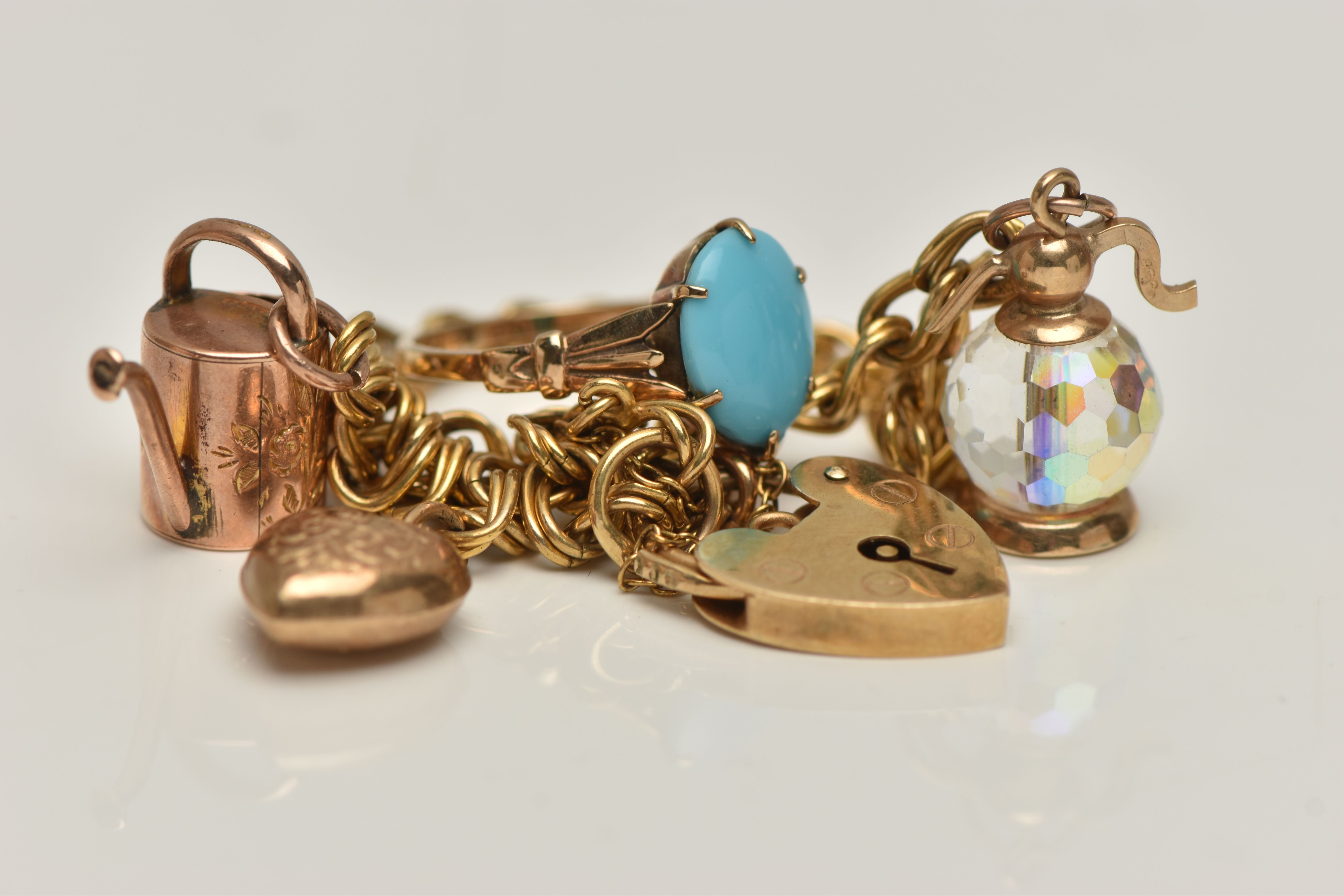 A 9CT GOLD CHARM BRACELET AND A TURQUIOSE RING, double link bracelet, fitted with three charms to - Image 3 of 3