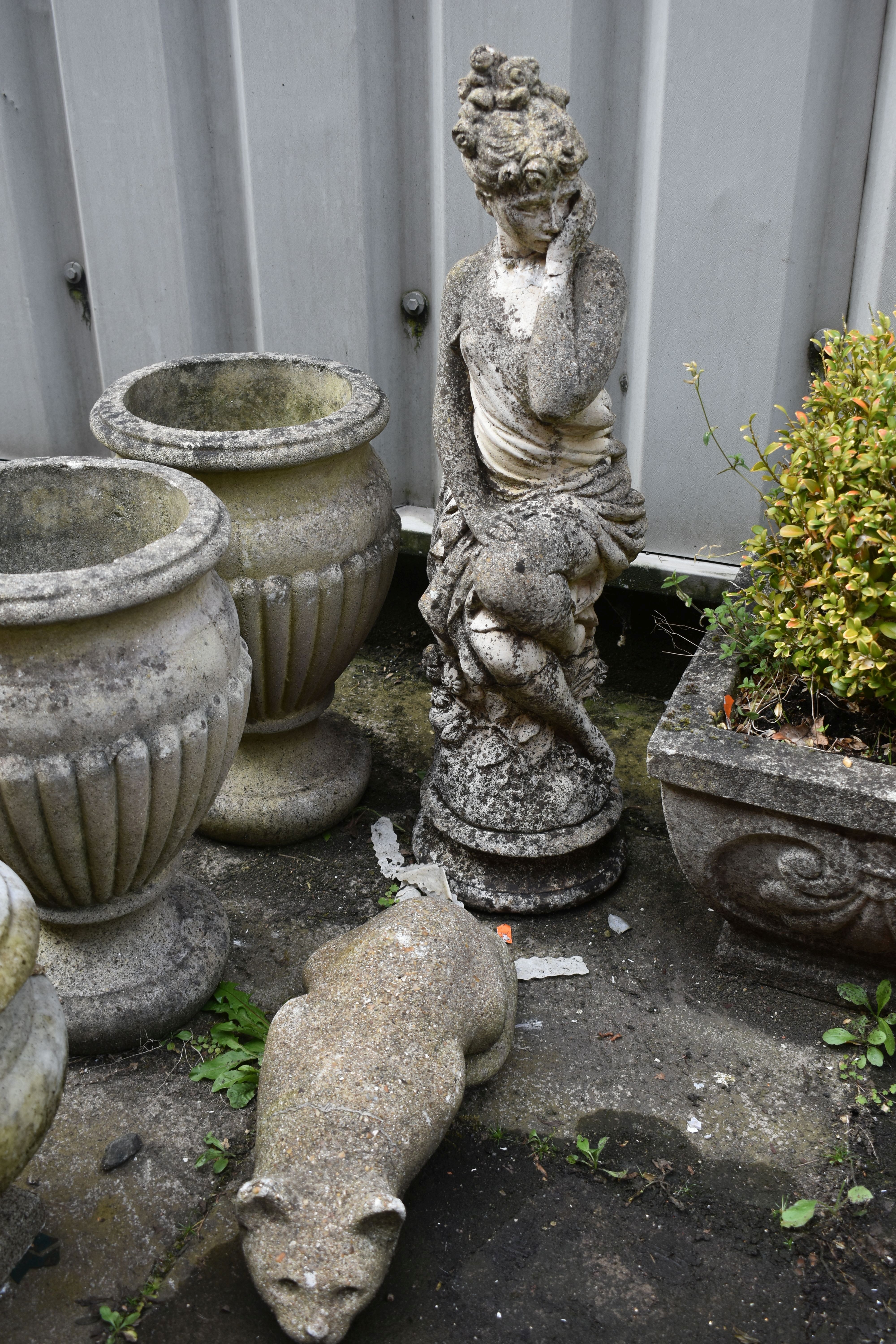 TWO PAIRS OF COMPOSITE GARDEN URNS, largest height 41cm, a composite figure of a scantily clad lady, - Image 4 of 5