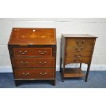 AN EDWARDIAN MAHOGANY AND INLAID BUREAU, with three drawers, width 69cm x depth 44cm x height