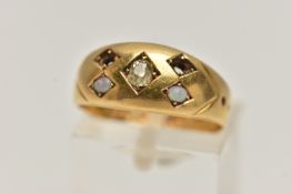 A DIAMOND AND OPAL RING, designed as a tapered band with a central old cut diamond flanked by two