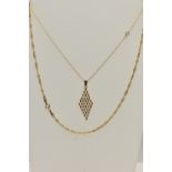 A 9CT GOLD PENDANT NECKLACE AND A ROPE TWIST CHAIN, the articulated diamond shape pendant, fitted