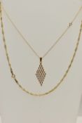 A 9CT GOLD PENDANT NECKLACE AND A ROPE TWIST CHAIN, the articulated diamond shape pendant, fitted