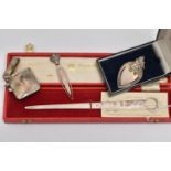 AN ELIZABETH II SILVER MEAT SKEWER PAPER KNIFE, TWO MODERN SILVER BOOKMARKS AND A GEORGE V SILVER