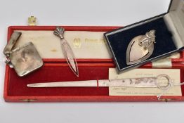 AN ELIZABETH II SILVER MEAT SKEWER PAPER KNIFE, TWO MODERN SILVER BOOKMARKS AND A GEORGE V SILVER