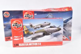 THREE 1:48 SCALE AIRFIX UNBUILT MILITARY AIRCRAFT MODELS, the first is a Gloster Meteor F.8 numbered
