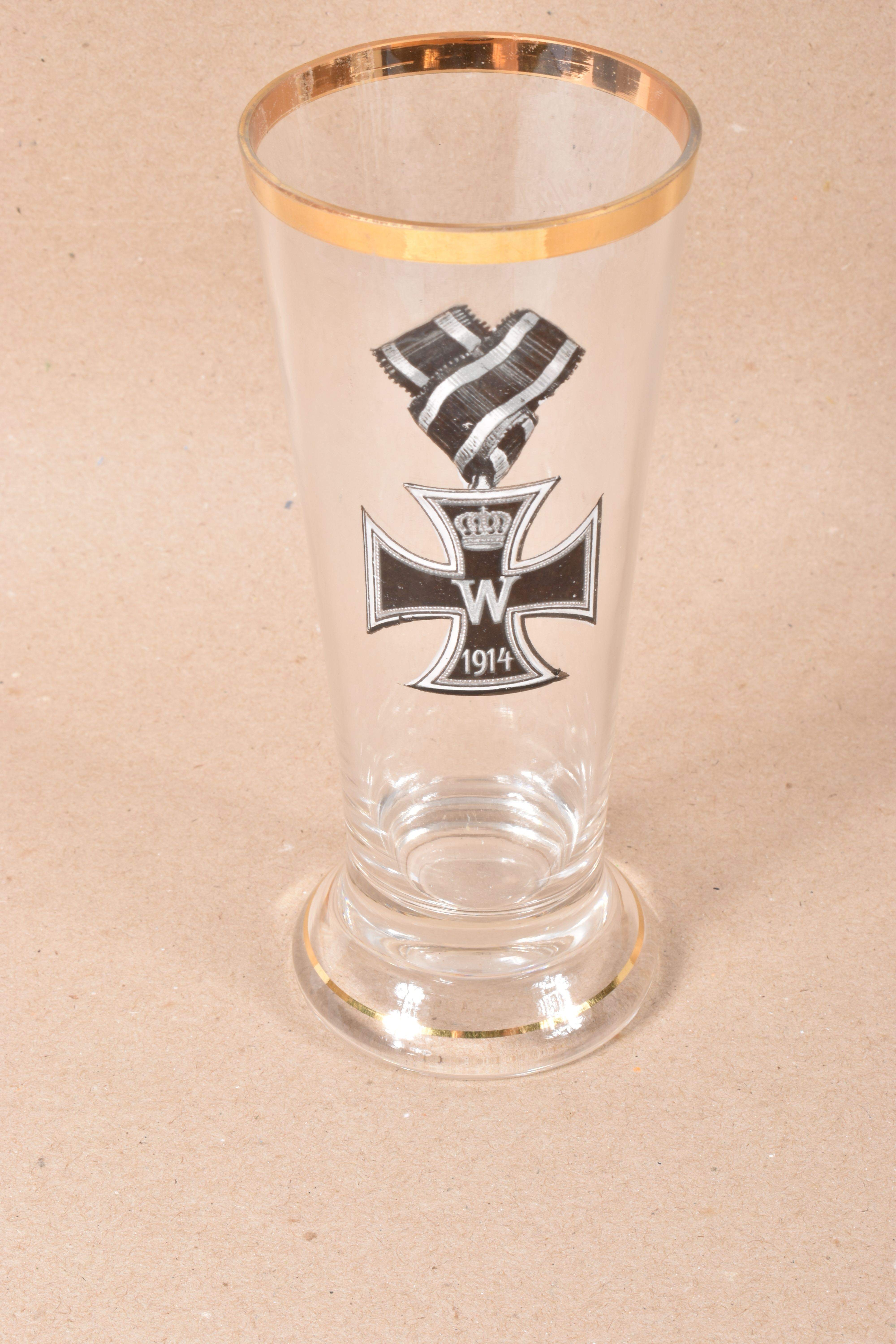 TWO GERMAN WWII WHITE GLAZED CERAMIC BEAKERS AND A LATER DRINKING GLASS DECORATED WITH AN WWI - Image 8 of 8