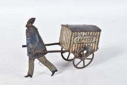 A LEHMAN TINPLATE STRING PULL EXPRESS PORTER, figure with blue jacket and gold and black striped