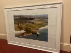 A FRAMED PRINT OF THE BATTLE OF BRITAIN MEMORIAL FLIGHT OVER BEACHY HEAD