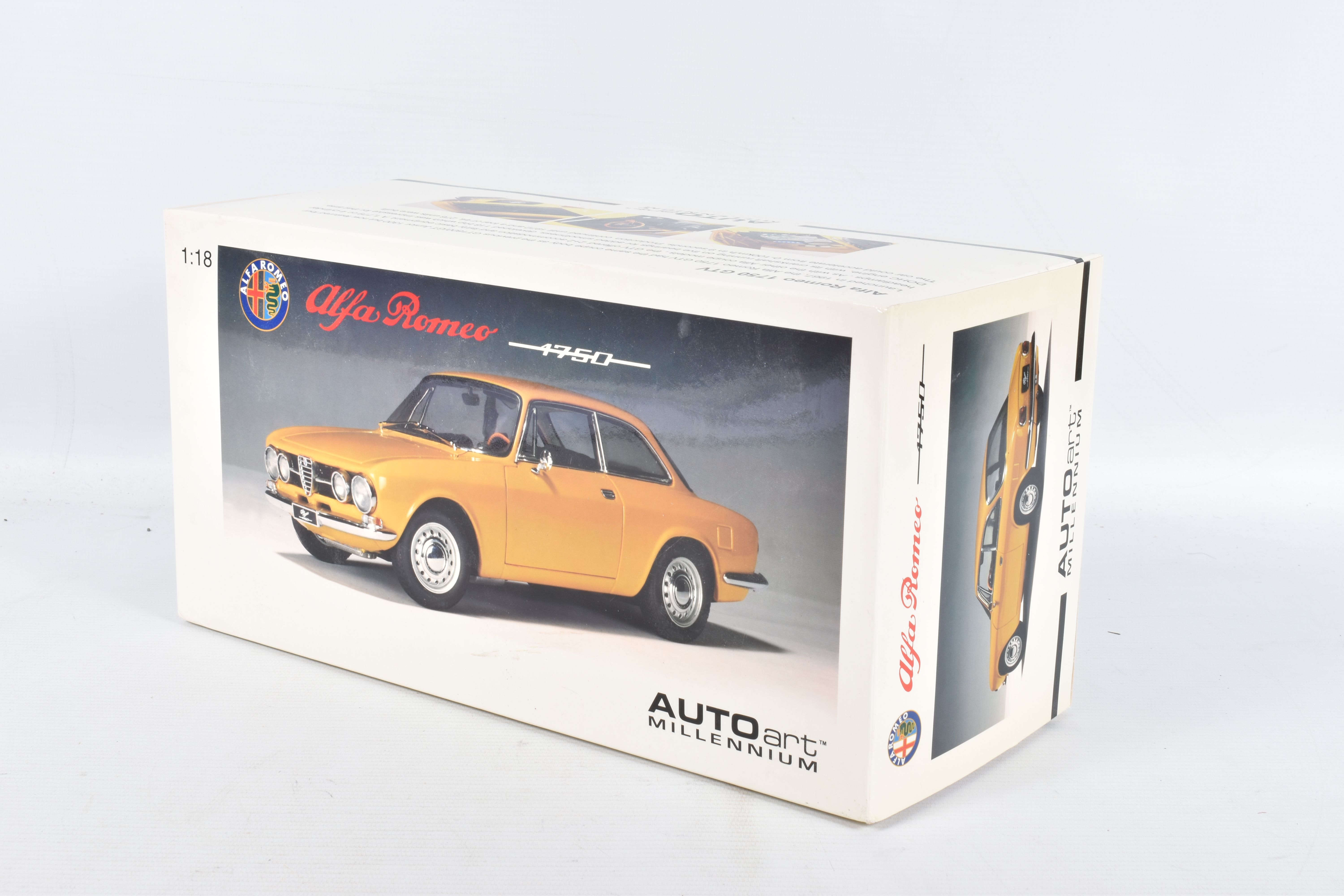 A BOXED AUTOART ALFA ROMEO 1750 GTV SCALE 1:18 MODEL VEHICLE, numbered 70108, painted mustard