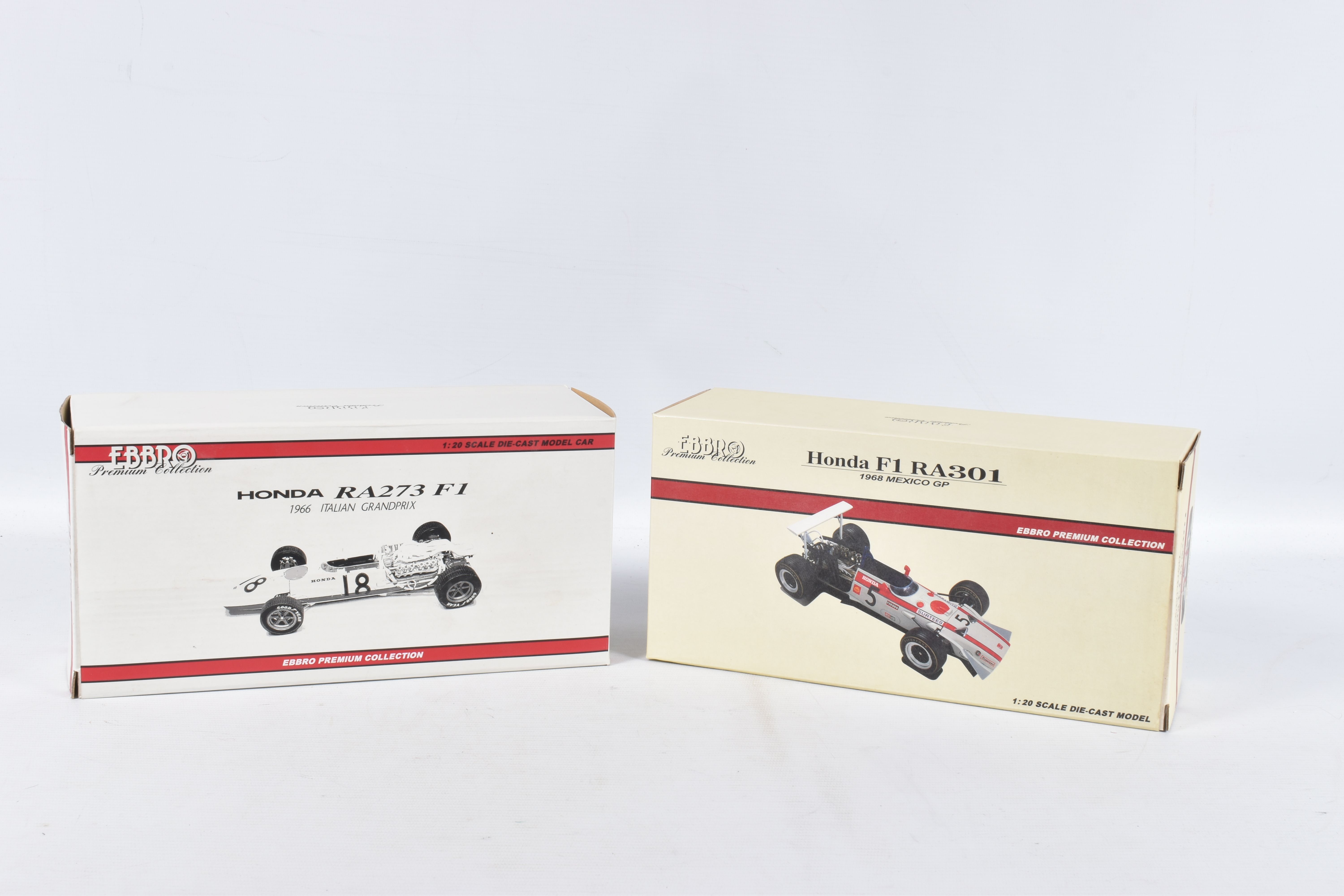 TWO BOXED EBBRO HONDA RA273 F1 1966 ITALIAN GRANDPRIX AND HONDA F1 RA301 1968 MEXICO GP BOTH SCALE