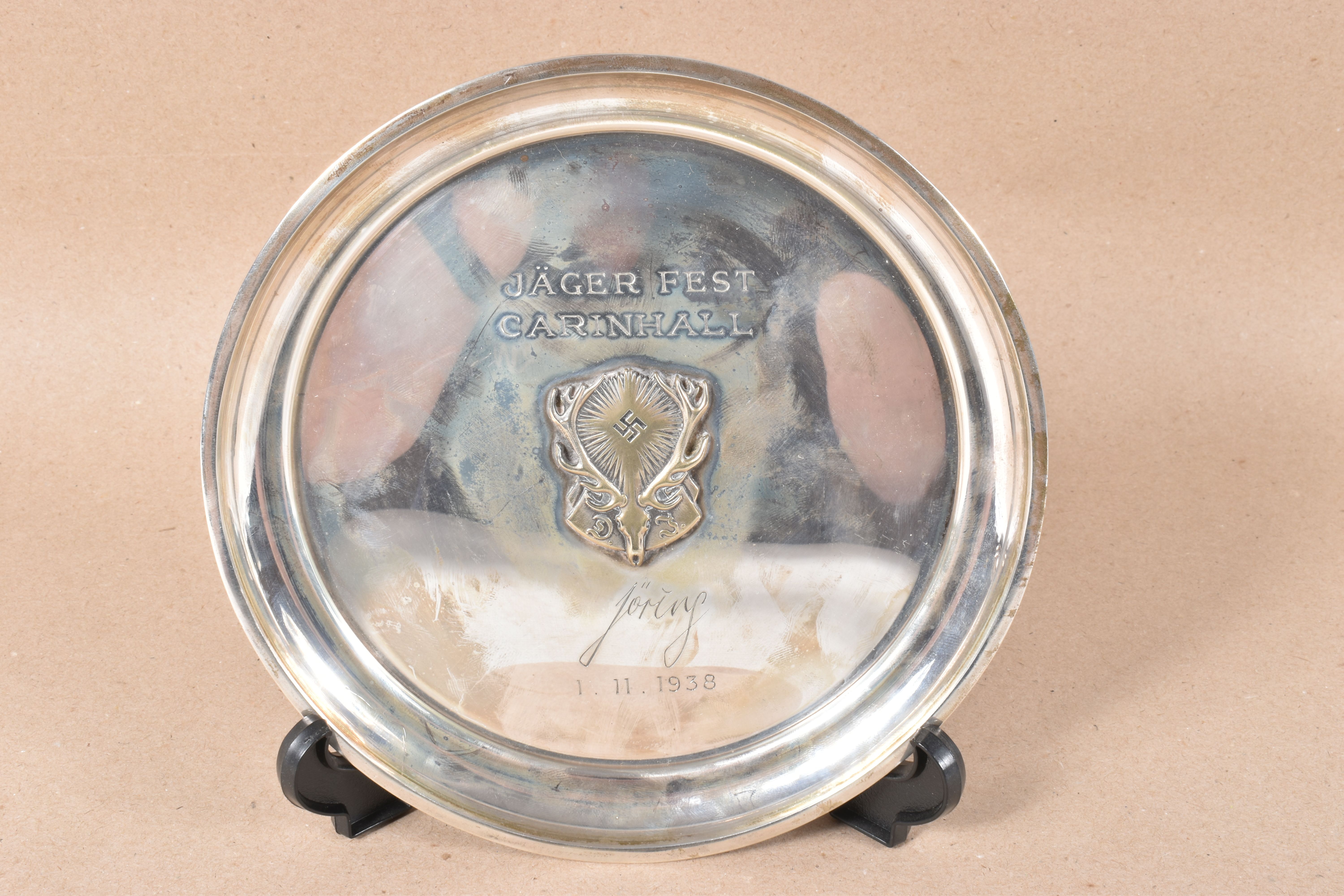 A GERMAN HUNTING ASSOCIATION SILVER PRESENTATION WAITER, the centre applied with the badge of the - Image 2 of 8