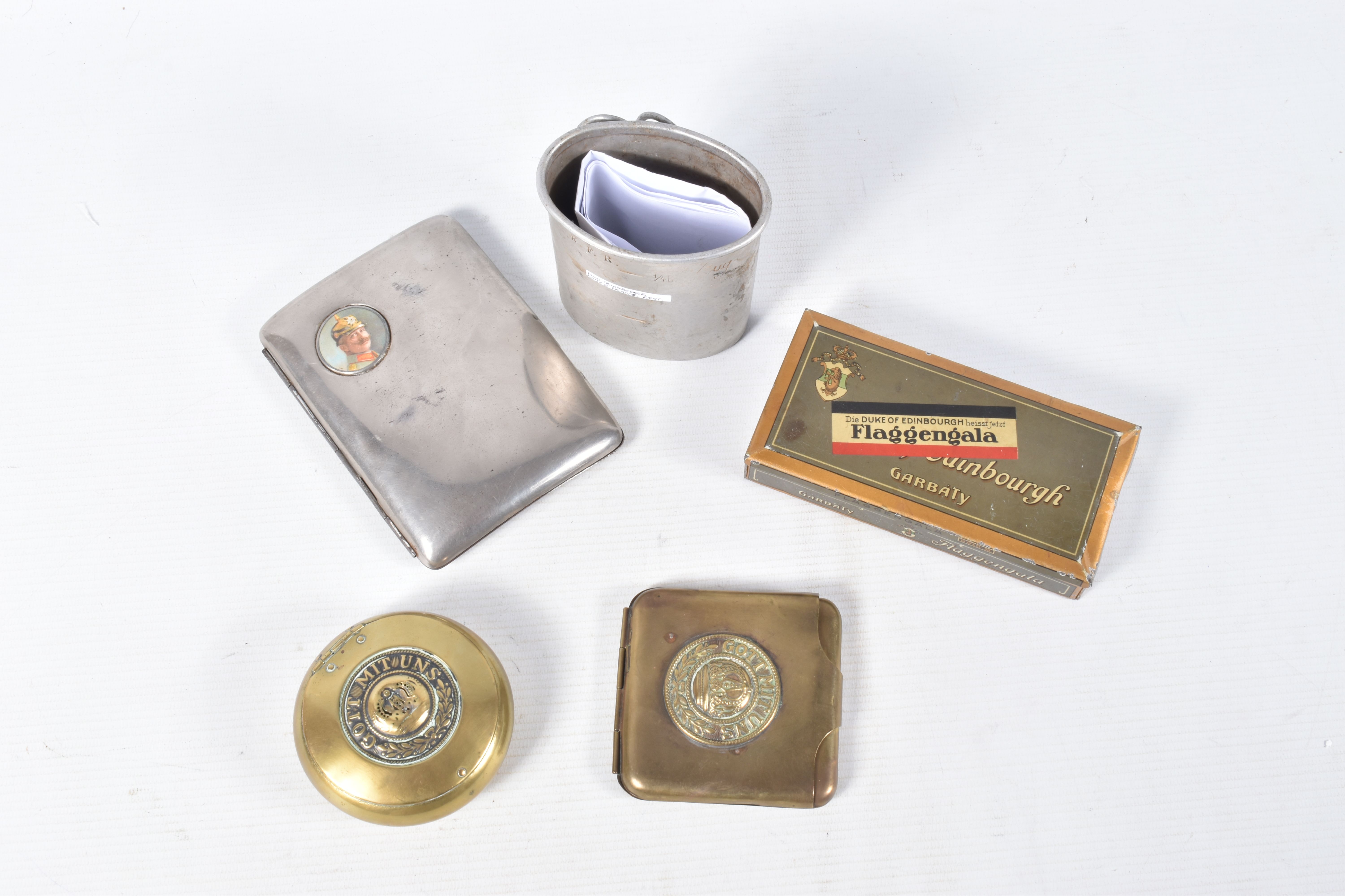 A SMALL COLLECTION OF GERMAN CIGARETTE CASES, TOBACCO BOX, ETC, comprising a brass cigarette case