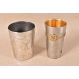 A GERMAN WWI SILVER PLATED KRIEGS BECHER COMMEMORATIVE BEAKER AND A WHITE METAL SPANISH CIVIL WAR