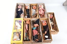 NINE BOXED PELHAM SM PUPPETS, 2 x Farmer, Witch with broom , Schoolmaster, Policeman, 2 x