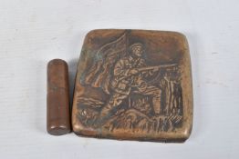 A BOER WAR CIGARETTE TIN AND TRENCH ART LIGHTER, the case is marked EPNS inside and the front
