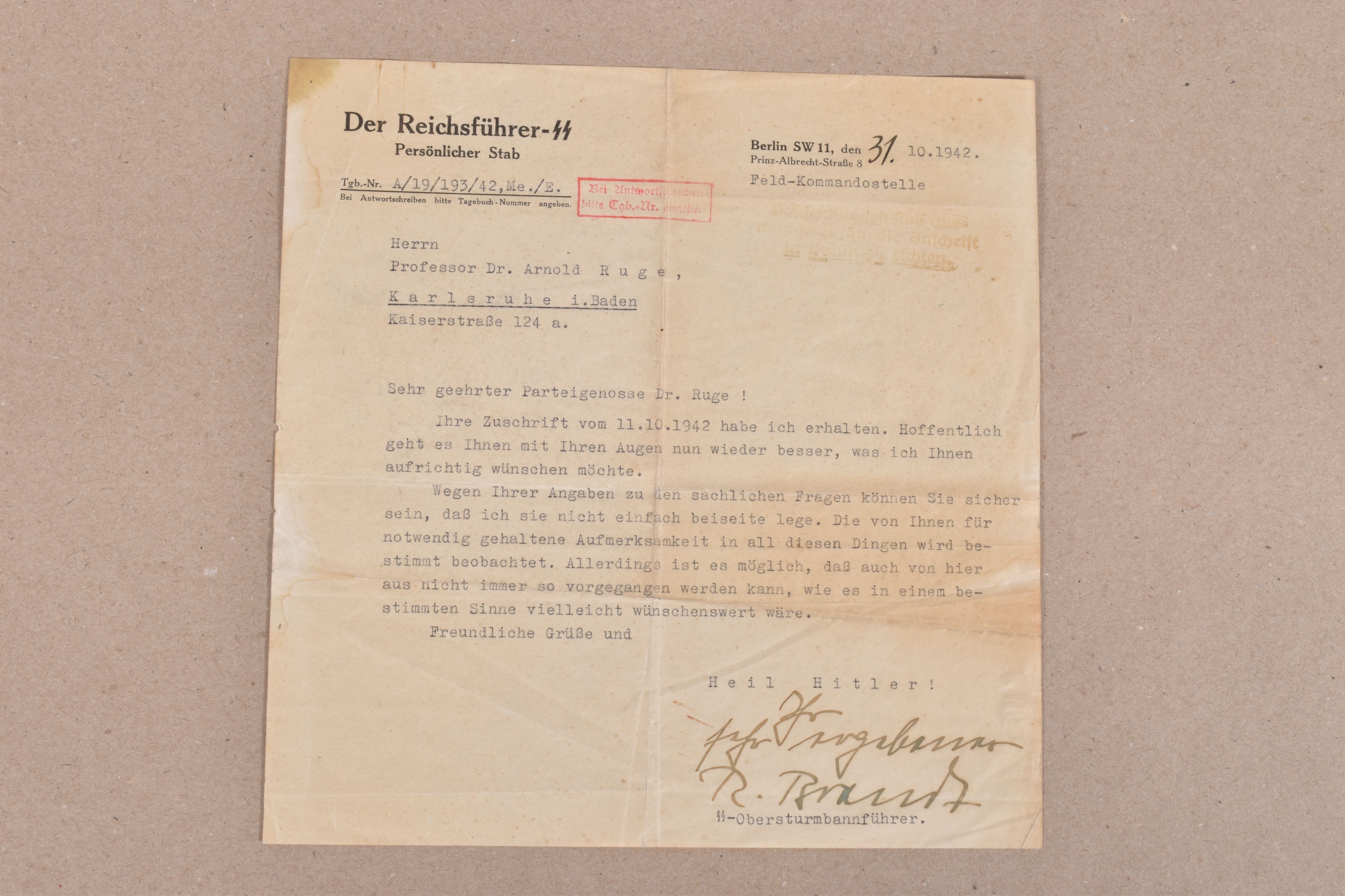 A 1942 DATED TYPED LETTER SIGNED BY RUDOLPH BRANDT, Mr Brandt was a lawyer by trade but was also - Image 2 of 5