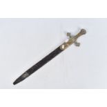 A VICTORIAN ERA BANDMANS SHORT SWORD, this features a double edged blade with a cast brass hilt, the