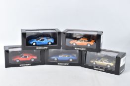 FIVE BOXED PAUL'S MODEL ART MINICHAMPS 1970's MODELS, to include a DeTomaso Pantera in Rosso in