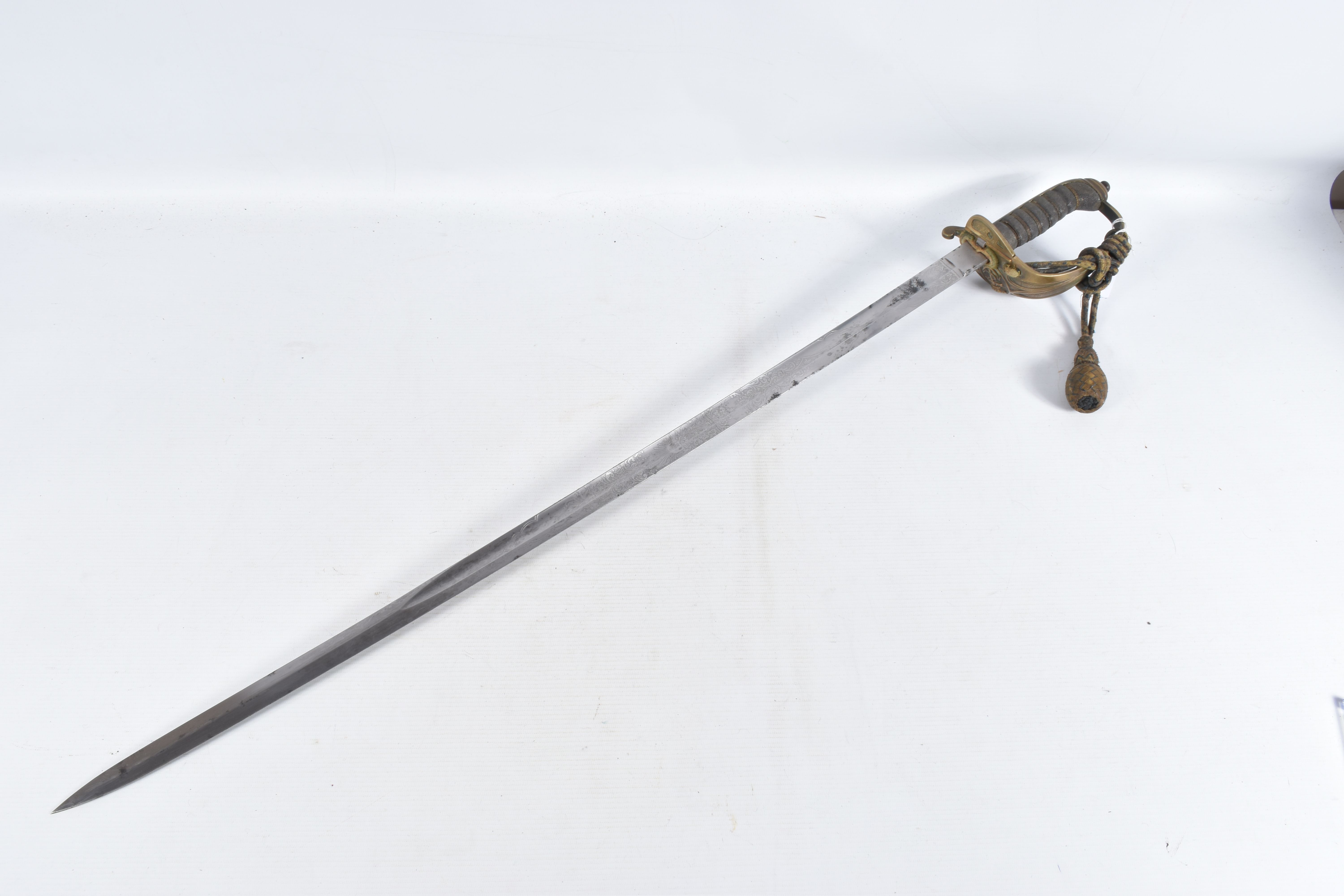 A 19TH OR 20TH CENTURY NAVAL DRESS SWORD, the blade has some ornate decoration on it but it is - Image 11 of 24