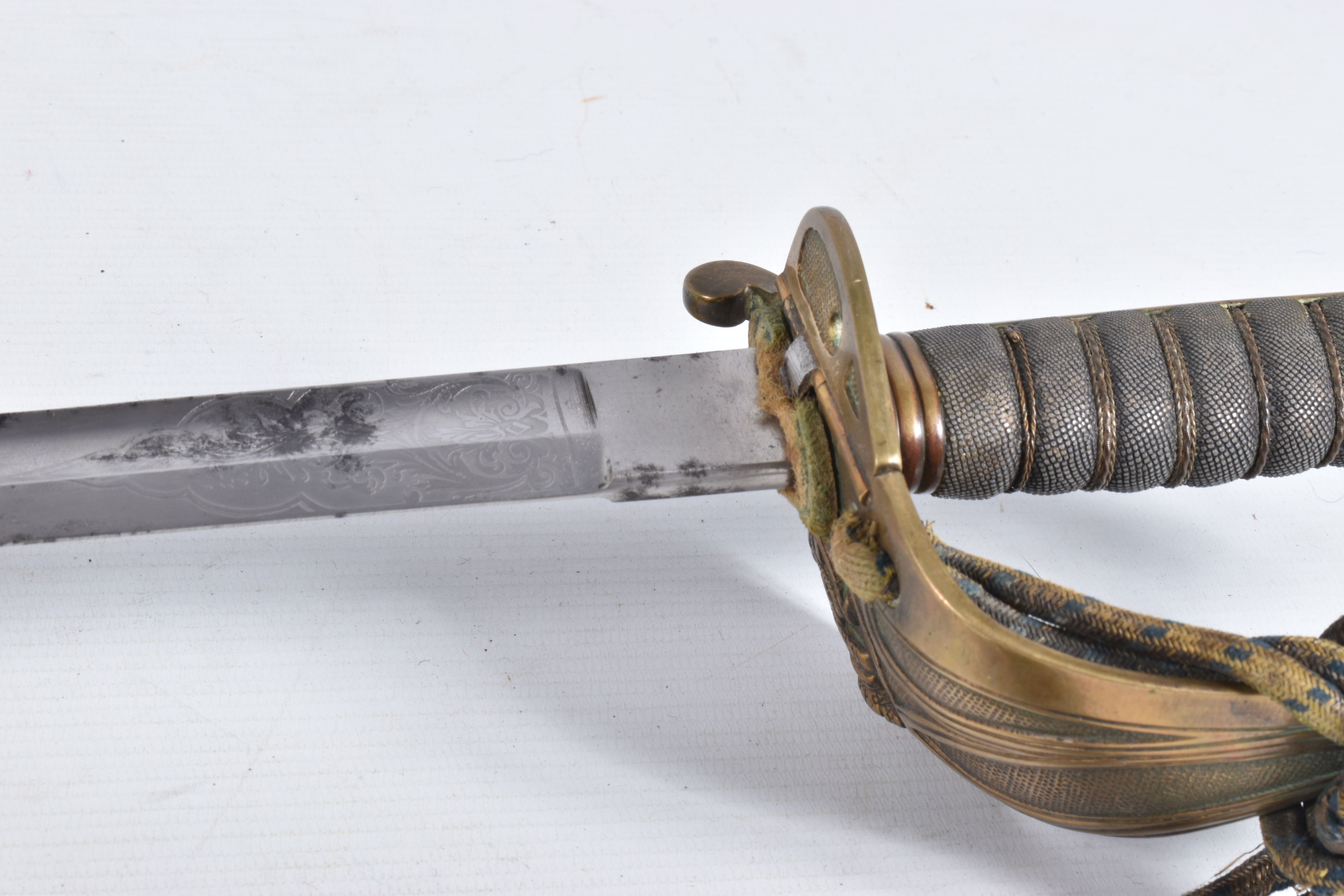 A 19TH OR 20TH CENTURY NAVAL DRESS SWORD, the blade has some ornate decoration on it but it is - Image 17 of 24