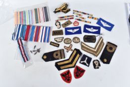 A LARGE SELECTION OF MEDAL RIBBONS, M.I.D OAK LEAVES AND CLOTH INSIGNIA, the medal ribbons are brand