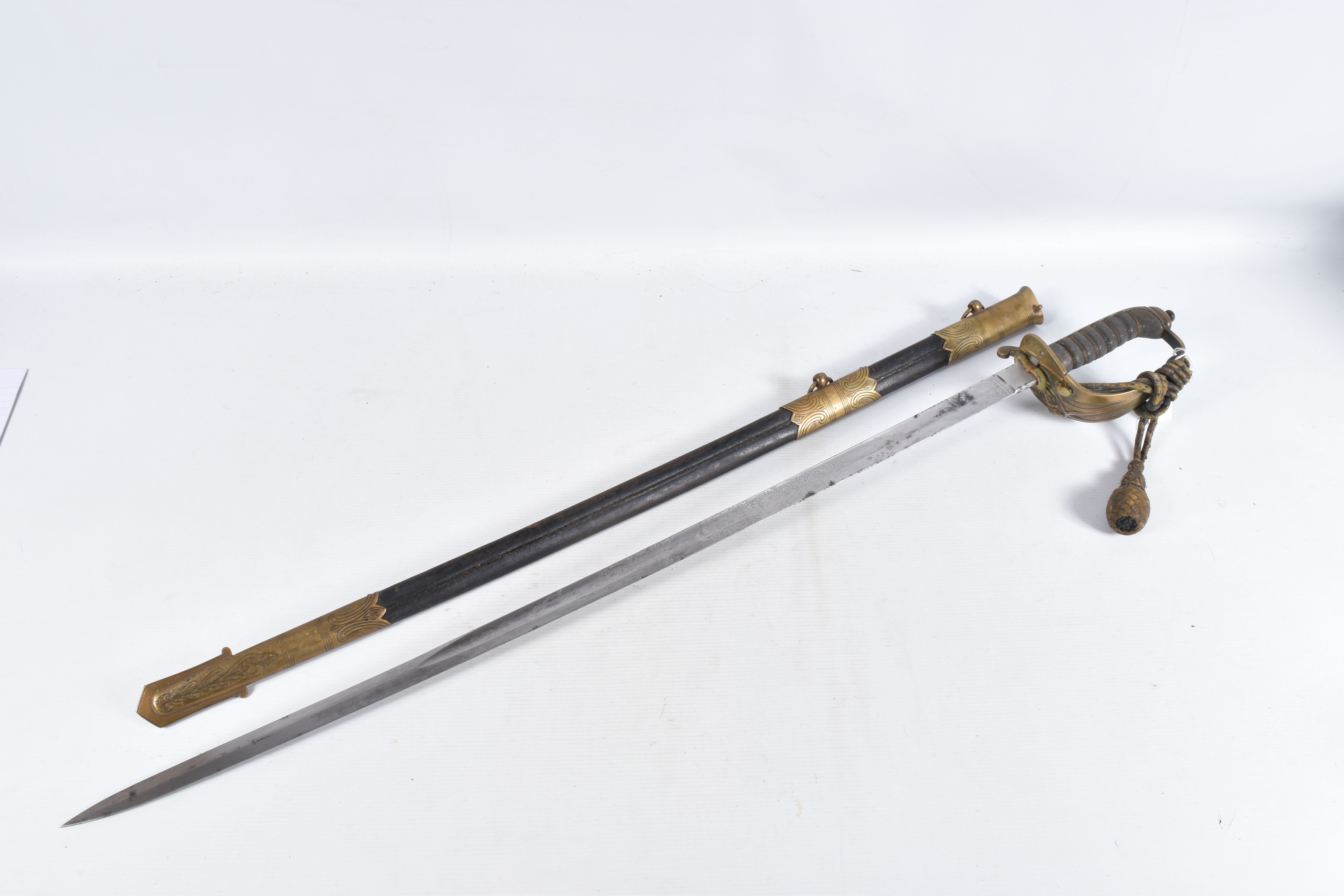 A 19TH OR 20TH CENTURY NAVAL DRESS SWORD, the blade has some ornate decoration on it but it is - Image 2 of 24