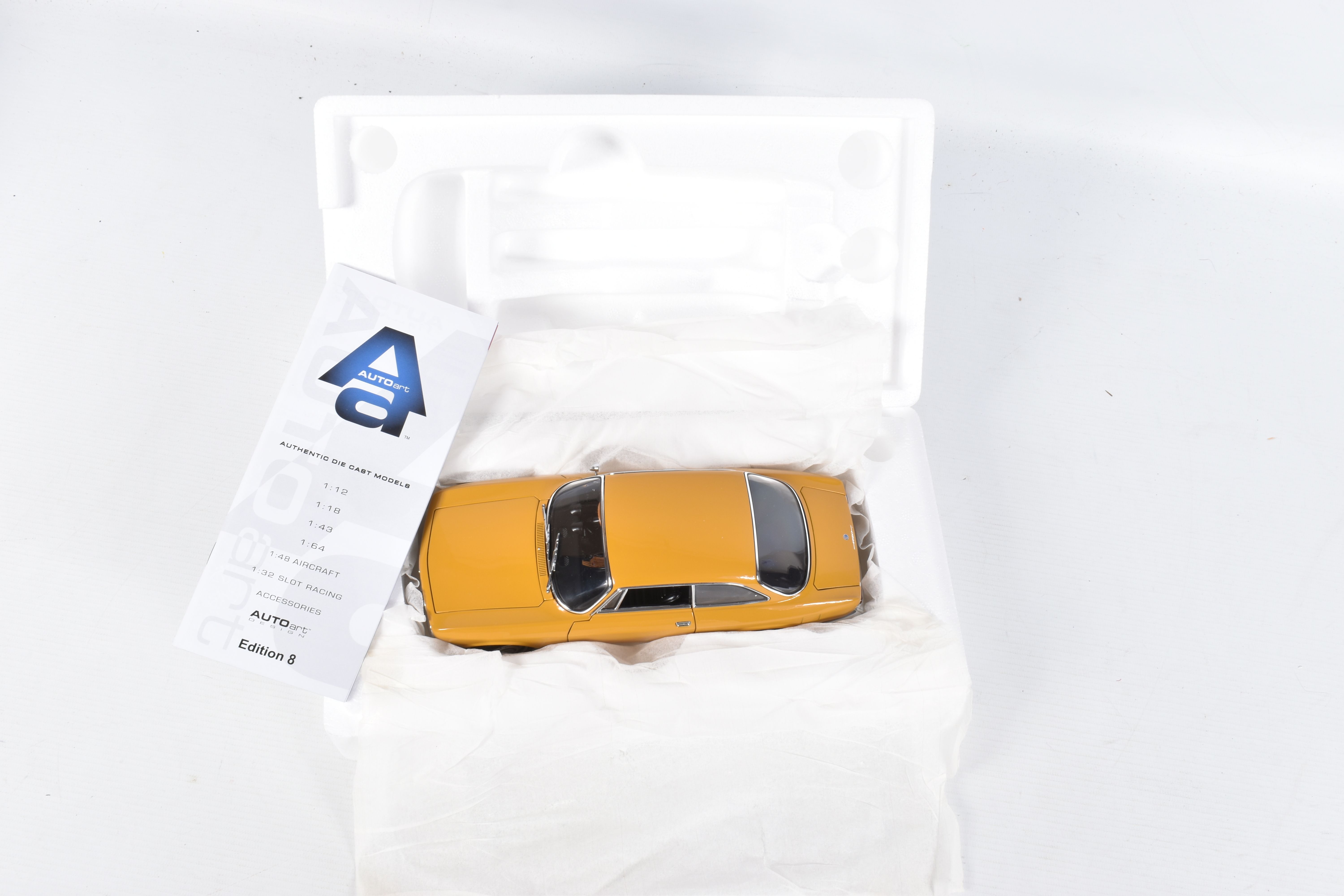 A BOXED AUTOART ALFA ROMEO 1750 GTV SCALE 1:18 MODEL VEHICLE, numbered 70108, painted mustard - Image 2 of 6