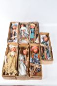 SEVEN ASSORTED BOXED PELHAM AND OTHER WOMEN AND GIRL PUPPETS, many appear to be homemade or modified