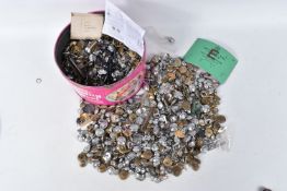 A LARGE TIN OF ASSORTED ARMY AND POLICE BUTTONS, NUMBERS AND SHOULDER TITLES, the tin includes