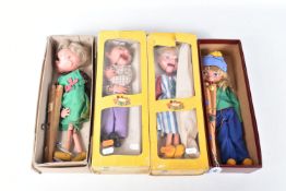 FOUR BOXED PELHAM SM GIRL AND BOY PUPPETS, three girls and one boy, all in different outfits, all