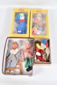 FIVE BOXED PELHAM JUNIOR PUPPETS, Andy Pandy, 2 x JC7 Clowns in different colour outfits and 2 x Boy