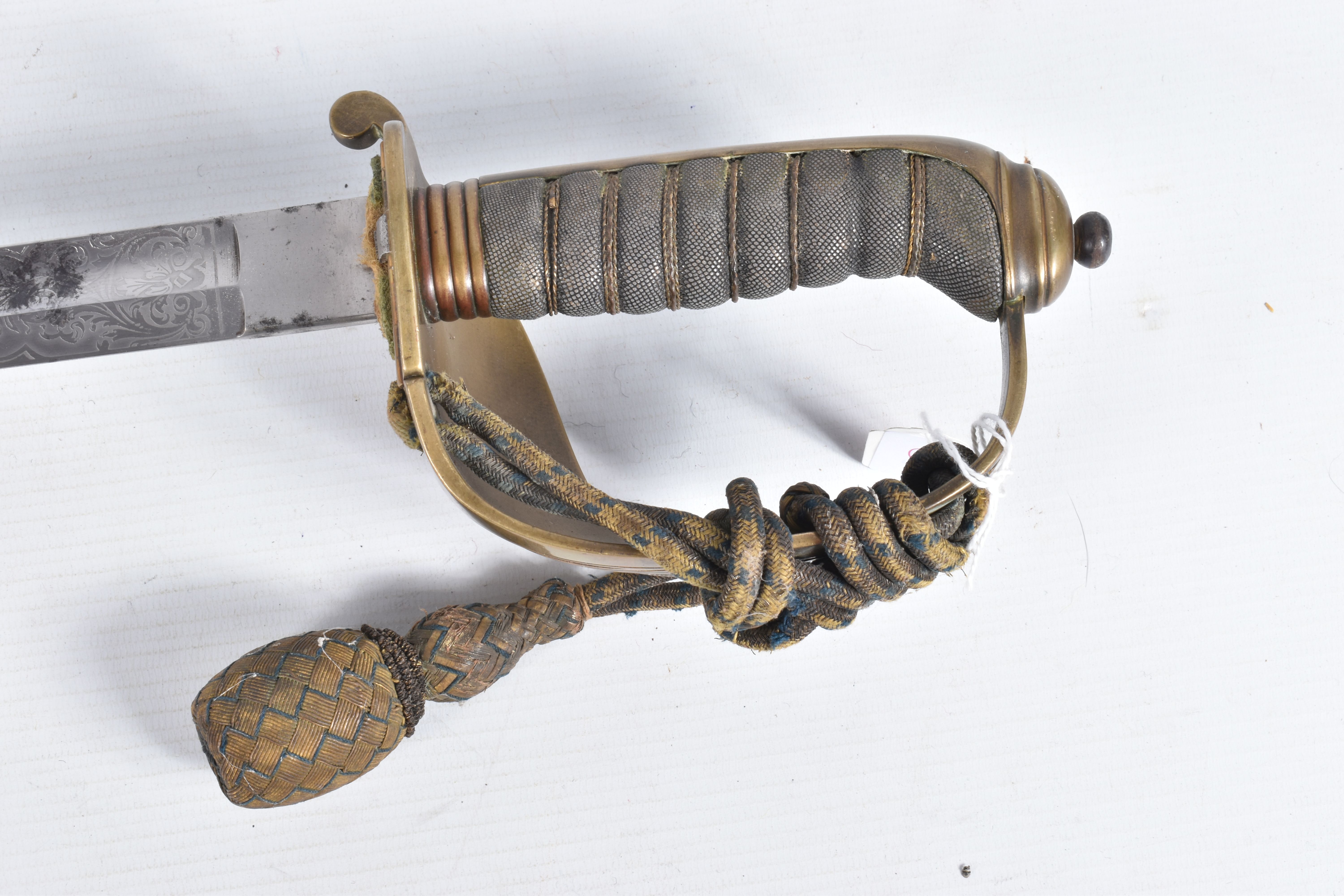 A 19TH OR 20TH CENTURY NAVAL DRESS SWORD, the blade has some ornate decoration on it but it is - Image 12 of 24