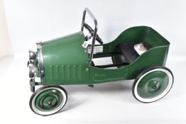 A CHILDS BAGHERA PEDAL CAR, numbered 2195, in British racing green with solid fill green and white