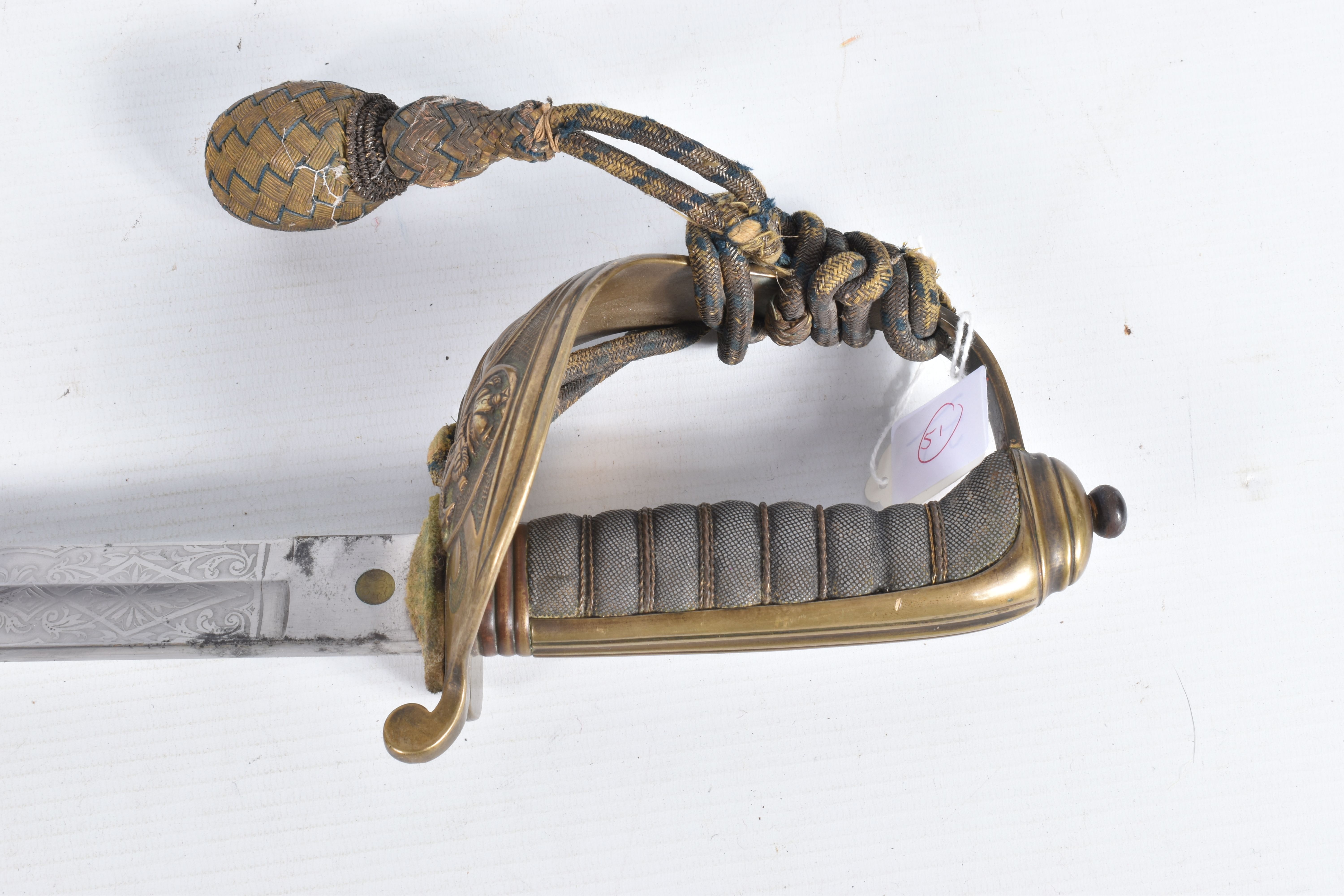 A 19TH OR 20TH CENTURY NAVAL DRESS SWORD, the blade has some ornate decoration on it but it is - Image 13 of 24