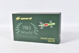 A BOXED SPARK TEAM LOTUS TYPE 25 1963 WORLD CHAMPIONSHIP MODEL RACECAR, numbered 18S038, lotus green